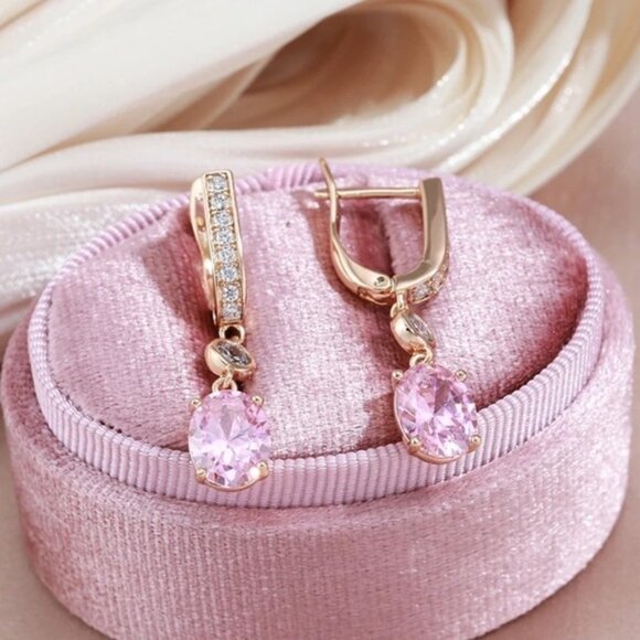 Rose Gold Plated Pink Zirconia Dangle Earrings - Picture 5 of 8